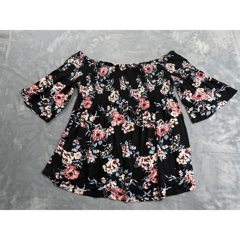 Rewind Blouse Top Womens Medium Black Floral Smocked Bodice Chic Off Shoulder